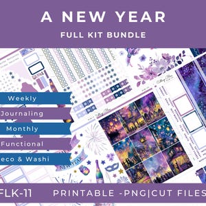 May include: A New Year full kit bundle with printable PNG cut files. The image features planner stickers in shades of purple and blue, with elements like fireworks, lanterns, and floral designs. Includes weekly, journaling, monthly, functional, and deco & washi stickers.