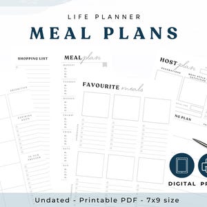 Puede incluir: Impresión digital de un planificador de comidas con el texto "LIFE PLANNER MEAL PLANS". El planificador incluye secciones para listas de compras, planes de comidas y comidas favoritas. El planificador no tiene fecha y mide 7x9 pulgadas (17,78 x 22,86 cm).