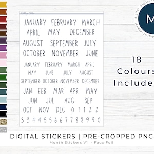 Puede incluir: Pegatinas digitales con los meses del año, números y días de la semana. Las pegatinas tienen un acabado de imitación de lámina y vienen en 18 colores. El texto de las pegatinas está escrito a mano.