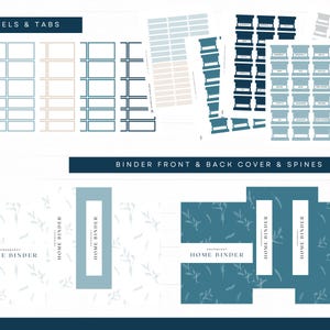 May include: A selection of printable labels, tabs, binder covers, and spines in shades of blue, beige, and black. The labels and tabs are rectangular, while the binder elements feature floral patterns and the text "HOME BINDER".