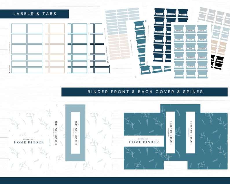 May include: A selection of printable labels, tabs, binder covers, and spines in shades of blue, beige, and black. The labels and tabs are rectangular, while the binder elements feature floral patterns and the text "HOME BINDER".