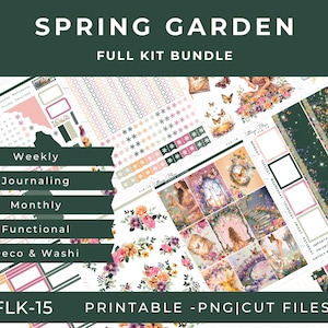 May include: A Spring Garden full kit bundle with printable PNG and cut files. The design includes weekly, journaling, monthly, functional, deco, and washi elements. The color palette features pink, green, and floral designs, with the text "Spring Garden" at the top.