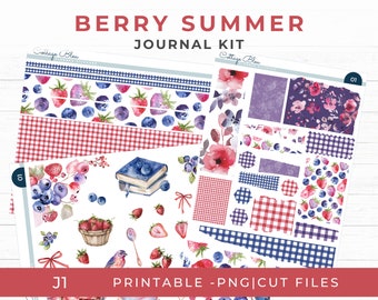 July Printable Journaling Stickers, Berry Summer, Scrapbook and Junk Journal Stickers, Silhouette & Cricut, J1