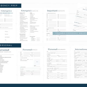 May include: Printable emergency and personal information templates. The templates include sections for emergency contacts, medical information, and personal details. The design is minimalist with a white background and dark teal headings.