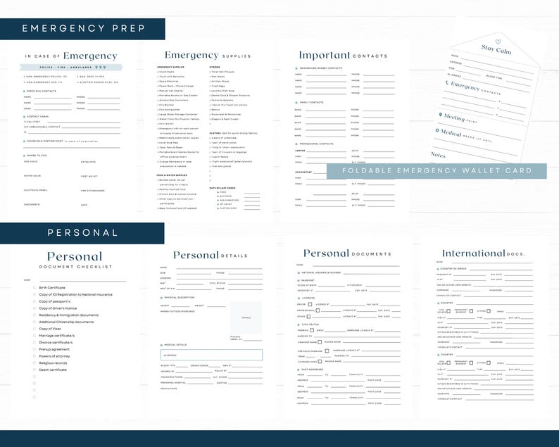 May include: Printable emergency and personal information templates. The templates include sections for emergency contacts, medical information, and personal details. The design is minimalist with a white background and dark teal headings.