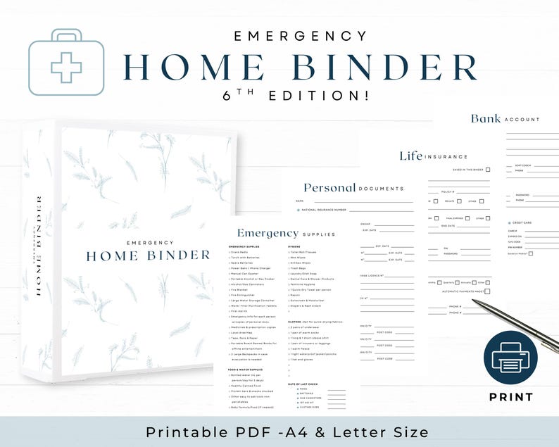 May include: A white emergency home binder with a floral design, the text "Emergency Home Binder 6th Edition!" is displayed. The binder includes sections for personal documents, emergency supplies, and bank account information. Printable PDF - A4 & Letter Size.