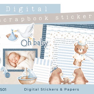 May include: Digital scrapbook stickers with a baby theme. Includes a sleeping baby photo, a stork carrying a baby, teddy bears, and a sailboat. The color palette is soft blue and beige. Text includes "Oh baby" and "LEO".