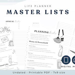 Könnte beinhalten: Ein digitaler Life Planner mit dem Titel "MASTER LISTS". Er enthält Abschnitte für jährliche und Planungsaufgaben, mit Illustrationen. Die Größe beträgt 7x9 Zoll (ca. 18 x 23 cm).