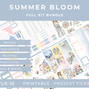 May include: A planner kit titled "Summer Bloom" with various decorative elements. The kit includes weekly, journaling, monthly, functional, and deco & washi stickers. The design features floral and beach-themed illustrations in pastel colors.