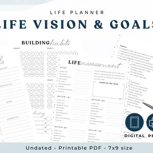 May include: A printable PDF life planner with the text "LIFE VISION & GOALS". The planner includes sections for goals, habits, and life assessment. The design is undated and comes in a 7x9 inch size. The planner is a digital print.