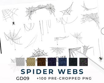 Spider Web Digital Halloween Stickers, Glitter Spider Deco, October Digital Planning, Spooky Layouts GD09