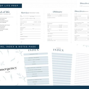 May include: A planner with pages for end-of-life preparations, including a checklist, service preparations, obituary, and directives. The planner also includes an emergency plan and an index for personal documents and other important information. The design is in shades of blue and white.