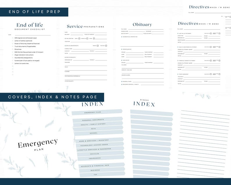 May include: A planner with pages for end-of-life preparations, including a checklist, service preparations, obituary, and directives. The planner also includes an emergency plan and an index for personal documents and other important information. The design is in shades of blue and white.
