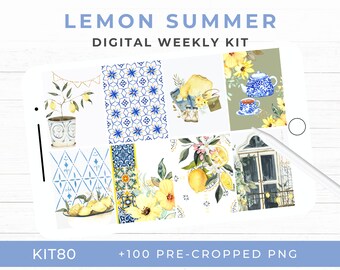 Digital Weekly Planner Stickers, Summer Lemon, Pre-Cropped PNGs for GoodNotes, iPad, Clipart for Bujo, Scrapbook, Memory Keeping, KIT84