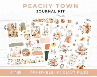 May include: A printable digital sticker kit with peach, floral, and seahorse illustrations. The kit is titled "Peachy Town Journal Kit" and includes the text "Cottage Bleu" and "KIT85".