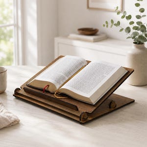 May include: A dark brown wooden book stand with an adjustable angled support, holding an open hardcover book with white pages and two thin ribbon bookmarks in red and yellow, featuring a horizontal ledge to keep the book pages securely in place.
