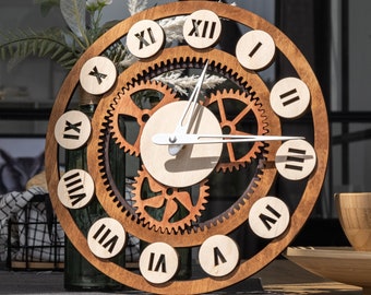 Gear wall clock, Steampunk wall clock, Mechanical wall clock, Laser cut clock, Industrial wall clock, Wooden wall clock with numbers