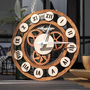 Steampunk wall clock, Industrial wall clock, Wood gear clock, Gear wall clock, Rustic wall clock, Roman numeral wall clock, Geometric clock