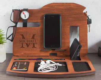 Desk organizer wood,Docking station groomsmen gift,Docking station men personalized,Charging station organizer for men,Phone stand wood
