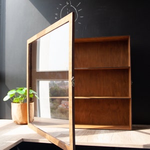 Wood display case for collectables, Glass front display cabinet, Miniatures display shelf, Wall display cabinet with glass door