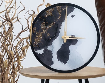 Black and white wall clock, Office wall clock, Watercolor clock, Abstract wall clock, Resin clock, Unique wall clock large, Small wall clock