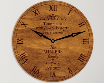 Time Spent with Family Clock, Custom wedding clock, Family Name Clock, Personalized family clock, Engraved clock, Wooden wall clock