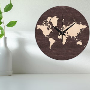 Wereldkaart wandklok, houten wereldklok, kaart wandklok, unieke wandklok, moderne wereldklok, houten wandklok, decor wereldkaart