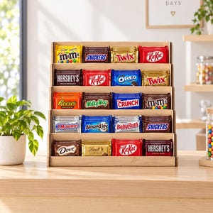 以下が含まれることがあります： M&M's、Snickers、Twix、KitKat、Hershey's、Oreo、Reese's、Milky Way、Crunch、3 Musketeers、Almond Joy、Baby Ruth、Dove、Lindtなどの様々なチョコレートバーが5段の木製ディスプレイラックに整然と並べられています。
