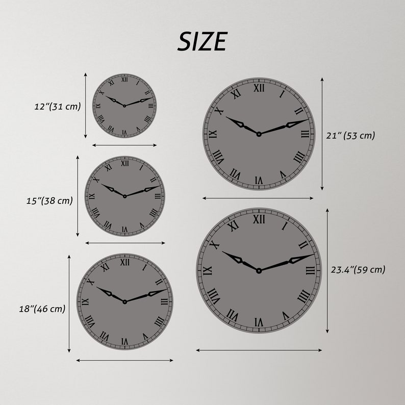 May include: Four gray clock faces with black Roman numeral markings and black hands. The clocks are shown in four different sizes: 12 inches, 15 inches, 18 inches, and 23.4 inches.