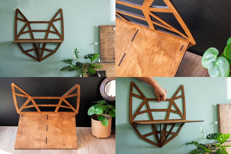 May include: A wooden fox-shaped shelf with a geometric design. The shelf is made of stained wood and has a natural finish. It is mounted on a wall and has a small shelf for displaying items.