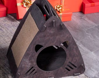 Cat scratching post with bed, Cat house with scratcher, Wooden cat bed, Wooden cat house, Indoor cat house, Cat scratching pad, Cat cave bed