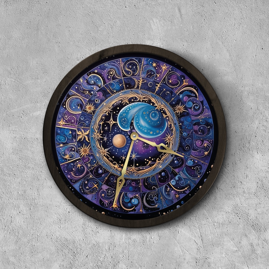 Zodiac Wall Clock, Astronomical Clock, Wooden Frame Clock, Wall Clock Star, Space Wall Clock