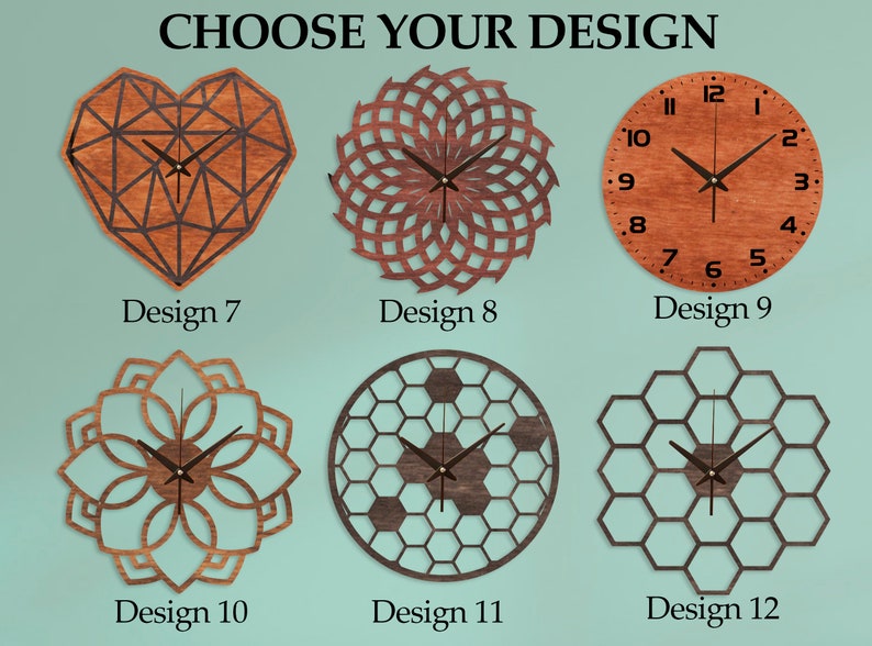 May include: Twelve different wooden clock designs with various geometric patterns. The designs include a heart, a flower, a honeycomb, and a traditional clock face. The text "CHOOSE YOUR DESIGN" is at the top of the image.