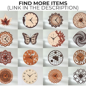 May include: A collection of 12 unique wooden clock designs featuring various patterns and styles, including a butterfly, a honeycomb, a mandala, and a spiral. The clocks are all round and have a brown wood finish.