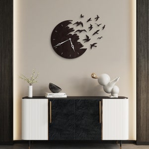 Birds wall clock, Bird flying clock, Modern wall clock unique, Decorative clock, Wooden wall clock, Large wall clock for living room image 2