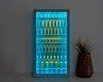 Shot glass display case with door, Shot glass display for wall, Shot glass holder display, Led wood shelf shot glass, Neon wall case