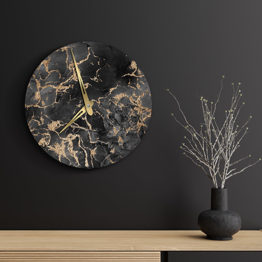 Black and Gold Wall Clock, Marble Wall Clock, Resin Wall Clock, Luxury