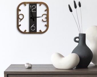 Reloj minimalista nórdico, Reloj cuadrado de madera, Reloj de pared cuadrado grande, Reloj de arte de madera, Reloj de pared simple, Reloj de pared silencioso de madera hecho a mano