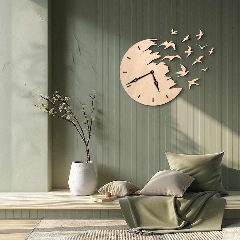 May include: A wooden wall clock with a natural finish, featuring a unique design of birds in flight. The clock face is a circle with black hands and hour markers. Decorative birds are cut out and placed around the clock, creating a dynamic and artistic look.
