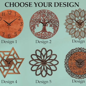 May include: Six different designs for wooden wall clocks. The designs include a traditional clock face, a tree of life, a mandala, a geometric pattern, a flower, and a floral design. All clocks are made of wood and have a brown finish.