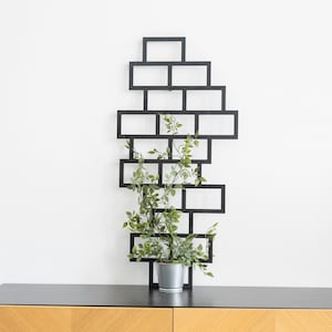 Puede incluir: Un macetero de pared de metal negro con un diseño geométrico, que presenta una planta verde en una maceta gris.