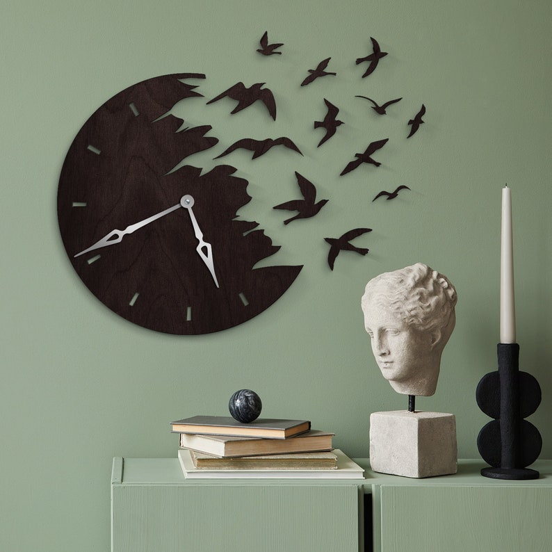 Birds wall clock, Bird flying clock, Modern wall clock unique, Decorative clock, Wooden wall clock, Large wall clock for living room image 1