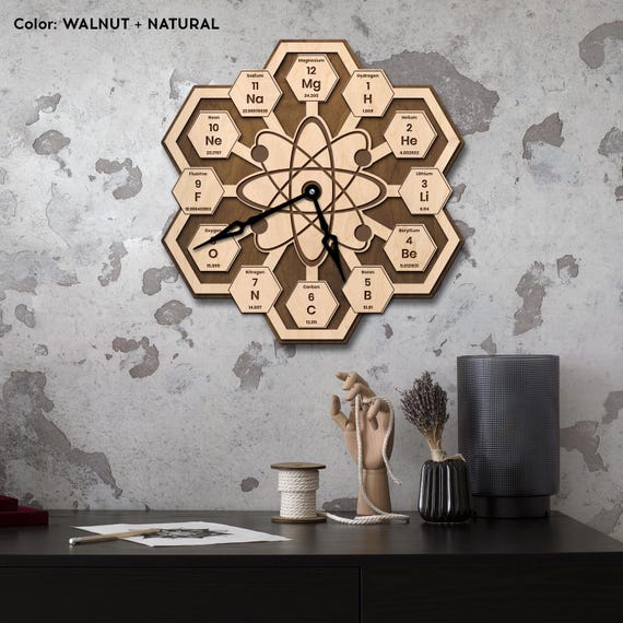 A wall clock where every hour marker is replaced by a periodic table element — a functional, handmade science object that doubles as conversation-starting decor.