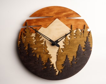 Mountain wall clock,Mountain clock,Mountain wood wall art,Forest wall clock,Forest wood clock,Wood wall clock,Wooden wall clock