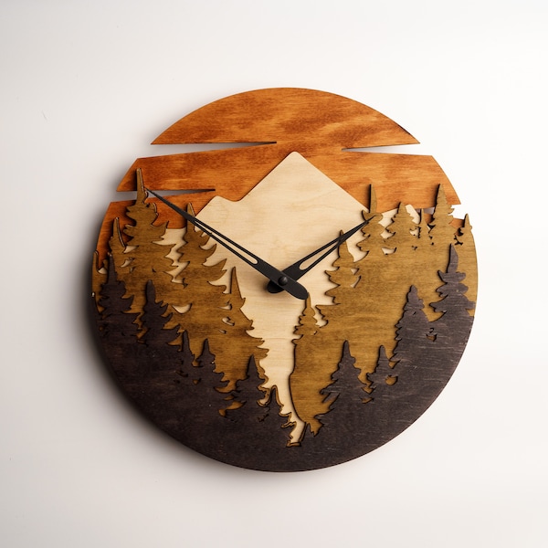 Mountain wall clock,Mountain clock,Mountain wood wall art,Forest wall clock,Forest wood clock,Wood wall clock,Wooden wall clock