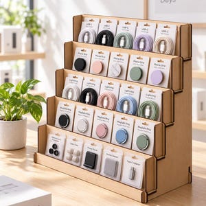 Può includere: Un espositore in legno a più livelli contenente vari accessori per telefoni cellulari in confezioni di vendita, tra cui cavi USB-C e Lightning, impugnature per telefono, anelli MagSafe, protezioni per lenti, clip per cavi e adattatori.