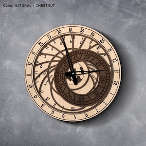 May include: A round wooden clock with a natural and chestnut color scheme. The clock face features Roman numerals, zodiac symbols, and intricate layered designs. The clock hands are black.