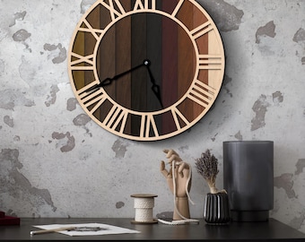 Roman numeral wall clock, Roman numbers clock, Wooden wall clock decor, Minimalist clock wood, Rustic wall clock, Farmhouse wall clock large