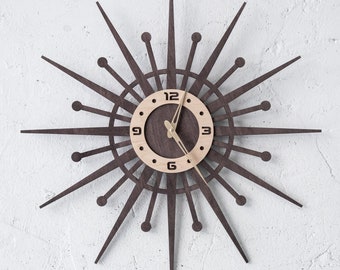 Mid century wall clock, Starburst wall clock, Atomic wall clock, Retro wall clock, Large wall clock, Modern wall clock, Wooden wall clock