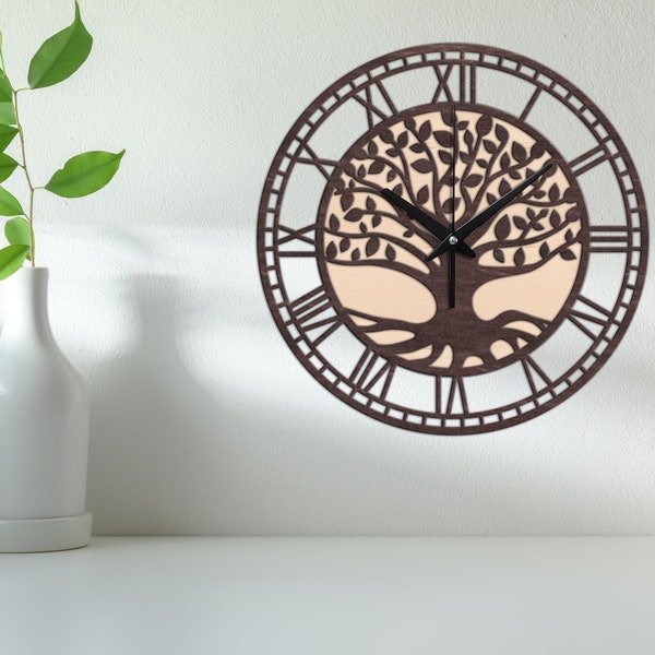 Horloge murale arbre de vie, décoration murale arbre de vie, horloge en bois arbre de vie, horloge murale chiffres romains, horloge murale en bois, horloge murale en bois